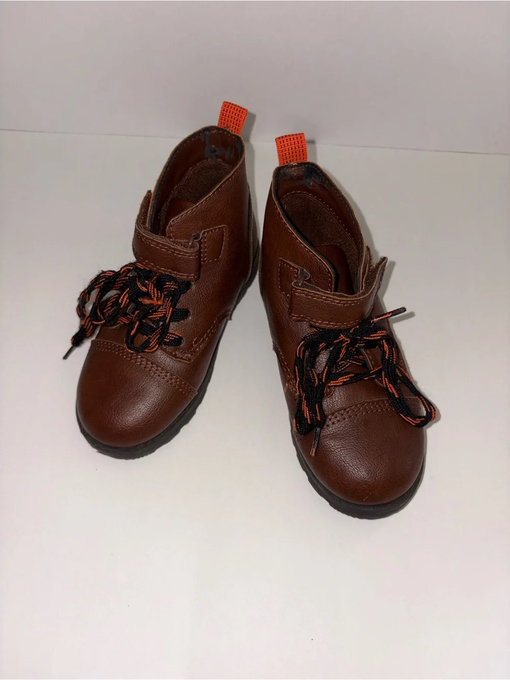 Carters- Kids Brown Leather Lace-Up Boots with Orange Accent
